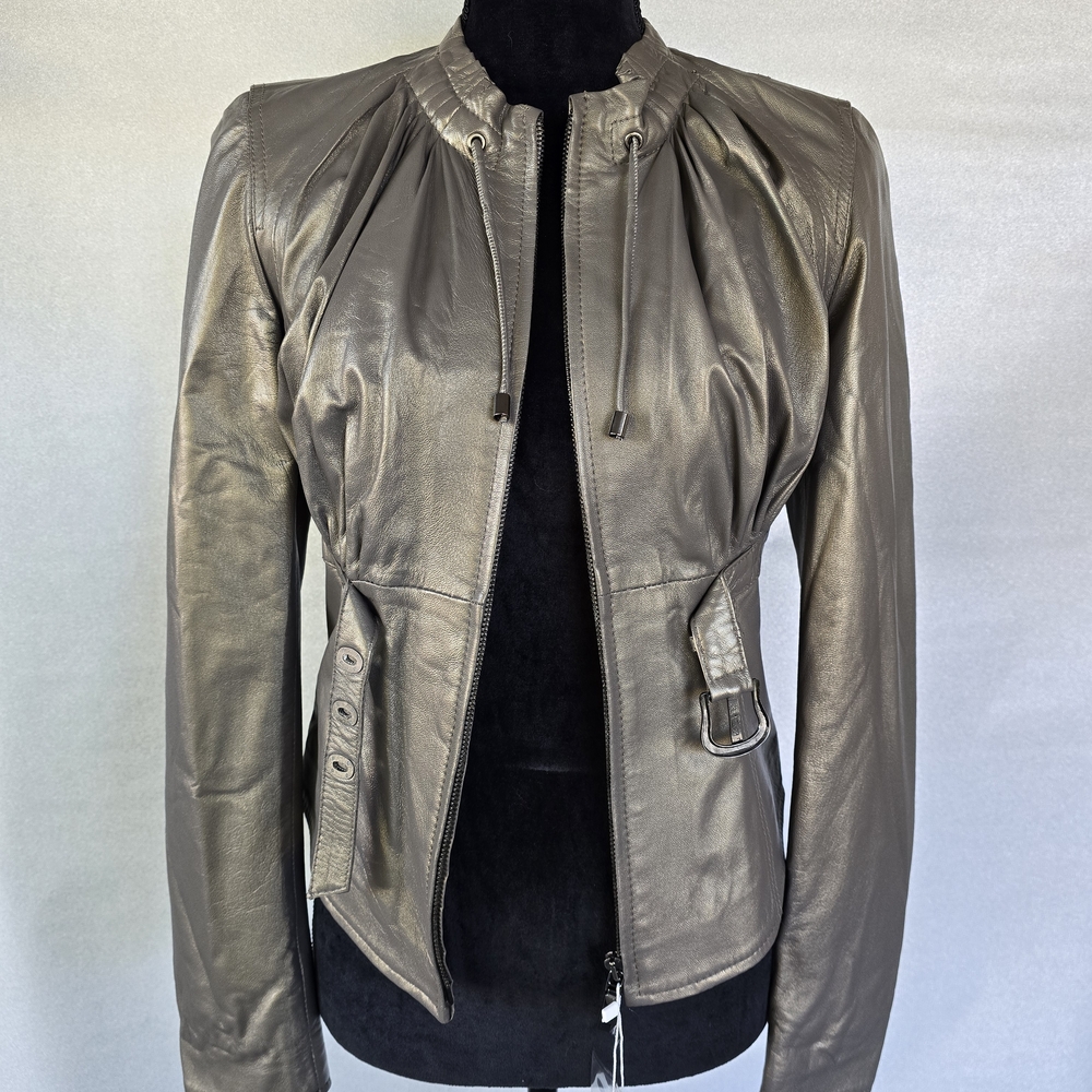 Genuine Leather Jacket Women Taupe Belted Moto Style Size Small NWT. Ottimo